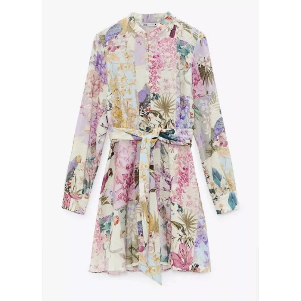 ZARA Floral Patchwork Mini Dress Long Sleeve Linen Blend Blogger Fav Size XS - Picture 3 of 9